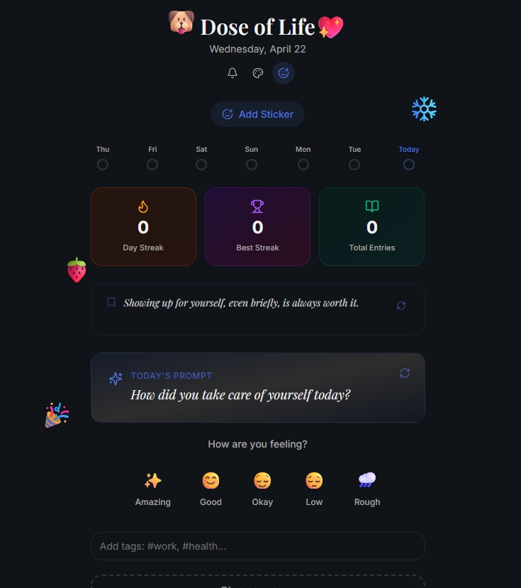 Dose of Life screenshot showing the home screen with playful stickers and mood journaling elements.