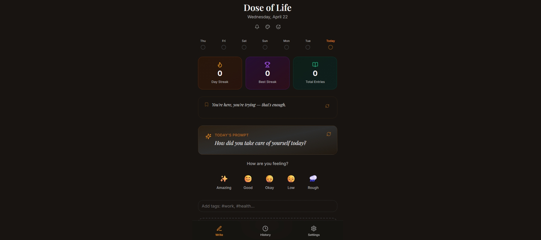 Dose of Life screenshot showing prompts, streaks, and reflection tools in the app.
